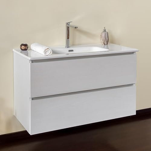 Yellowshop | Mobile Bagno Sospeso CLOE - Composizione Completa con Lavabo Ceramica, Chiusura Soft Close, Finitura Frassino Moirè (100 cm, Mobile con Lavabo)