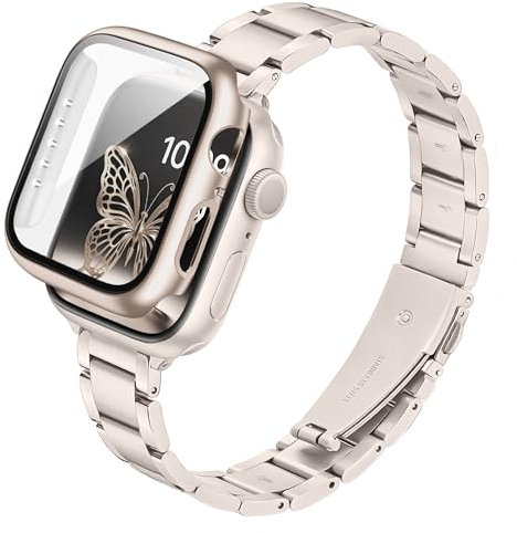 G-ficu Slim Metal Straps with Case Compatible with Apple Watch Straps Women 41mm with Screen Protector, Thin Stainless Steel Band, Adjustable iWatch Strap for Apple Watch Strap Series 9 8 7, Starlight