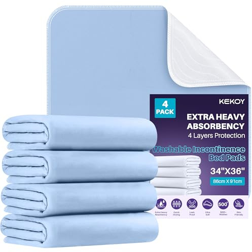 Kekoy 4-Stück betteinlagen inkontinenz waschbar 86x91 cm | 4-Schicht, Wiederverwendbar, Fungiert als Bettnässchutzmatratze, Toilettentrainingsmatte – Für Ältere, Erwachsene
