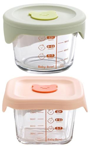 2pcs Babynahrung Lagerbehälter luftdichtes Glas Babynahrungsgläsern mit Silikondeckel & Skala Mikrowellen -Snack -Snackbehälter für Milchfrüchte 180 ml + 140 ml