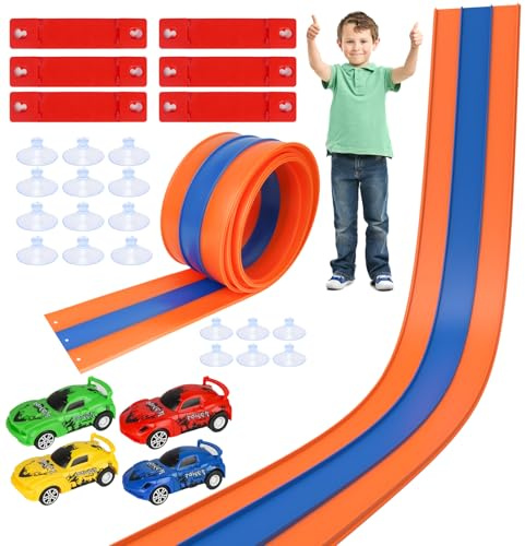 Circuit de course flexible à 3 orbites de 5 m avec 4 jouets à tirer, compatible avec les voitures Diecast échelle 1/64, cadeaux pour garçons, filles, enfants