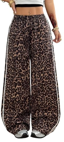 SOLY HUX Hosen Damen Weite Freizeithose Y2K Leoprint Streetwear mit Taschen Leo Hosen Locker Casualhose Herbst Frühling Outfit Leoparden L