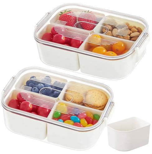 CECOMBINE 2 Pack Snack Box, 2000ml Snack Storage Box with 4 Removable Compartments, Leak-Proof Bento Lunch Box for Kids Adults, Divided Food Storage Container for Fruits, Snacks, Travel & Picnics
