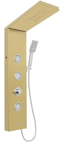 Duschpaneel mit Armatur, Duschsäule mit LED-Beleuchtung, 3 Massagedüsen, Multifunktionales Duschsystem aus Edelstahl, Handbrause und Wasserfall Dusche (Gold)