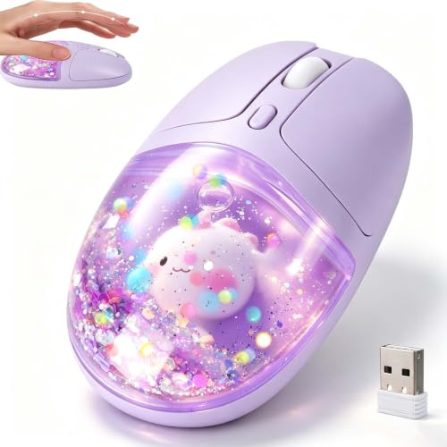 Souris Bluetooth Sans Fil avec Paillettes Liquides, Silencieuse Portable Ergonomique Mignonne Souris, avec Lumière LED RVB, 5 DPI Réglables, pour PC Tablette Computer,Enfants Adultes Cadeau(Violet)