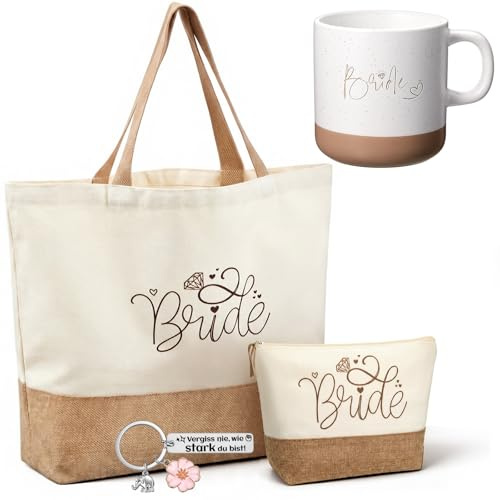 Xuniea 4 Stück Braut Geschenkset Jutetasche Kosmetiktasche für Hochzeit | Bride Geschenk mit Tasse und Schlüsselanhänger, Für Junggesellinnenabschied, Verlobung und Hochzeitsvorbereitung