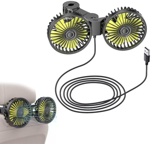 USB Auto Ventilator Rücksitz, Auto Ventilator für Rücksitz, 360 ° Verstellbare Doppelkopf Kühlungs Luftventilatoren 3-Gang Rücksitzventilatoren Lüfter Leistungsstarker Leise Ventilatoren für Auto Büro