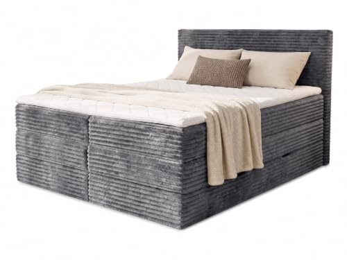 Sofnet Boxspringbett Mollo XL mit 2 Bettkästen und Topper, mit Taschenfederkern- und Bonellfederkernmatratze, Doppelbett, Polsterbett aus Cordstoff mit Stauraum (Graphit (Tilia 90), 160 x 200 cm)
