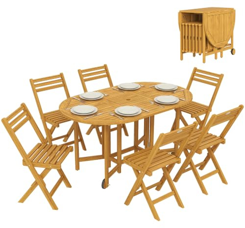 Outsunny Gartenmöbel Set Akazienholz 7-teilig Klappbar Naturholz | Sitzgruppe, Tisch mit 6 Klappstühlen, Rolle, Schirmloch, Lamellendesign, Wetterfest, Essgruppe, Gartenset für Terrasse