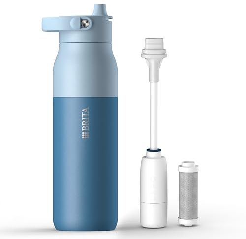 BRITA LARQ Essential Filter Trinkflasche mit Strohhalm blau (1 Liter) | Edelstahl Wasser-Flasche, doppelwandige Isolierung (24h kalt), Aktivkohle Wasserfilter, filtert PFAS, Chlor & mehr