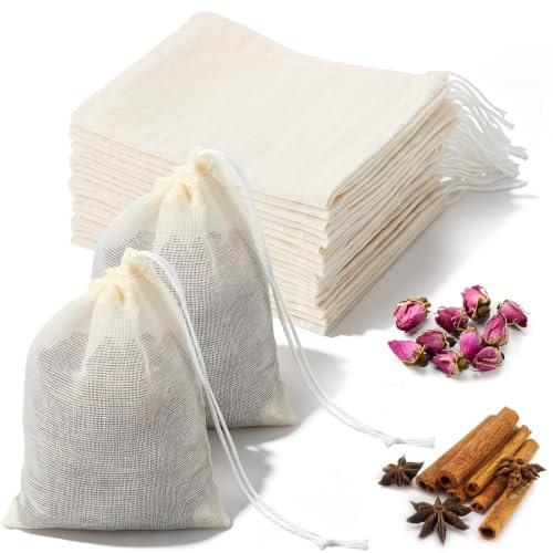 RAHHLIZS 30Pcs Cotton Muslin Drawstring Bags Reusable Tea Bags Pouch | 3x4in Natural Cotton Spice Bags for Cooking Sachet Bag for Cooking Soup Loose Leaf Tea Small Cheese Cloth Bag for Straining