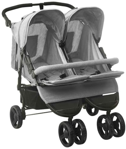 LoogCape Geschwisterwagen Hellgrau Stahl Klappbar, Leichter Kinderwagen mit Sonnendach, Verstellbarer Rücken- und Fußstütze, Komfortabler Buggy für Neugeborene und Kleinkinder