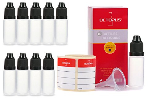 Octopus 10 Tropfflaschen à 10 ml aus LDPE mit Tropfverschluss schwarz | Für Liquids, Aromen, Tinten und Farben, präzise Dosierung kleiner Mengen, mit Etiketten für eigene Mischungen