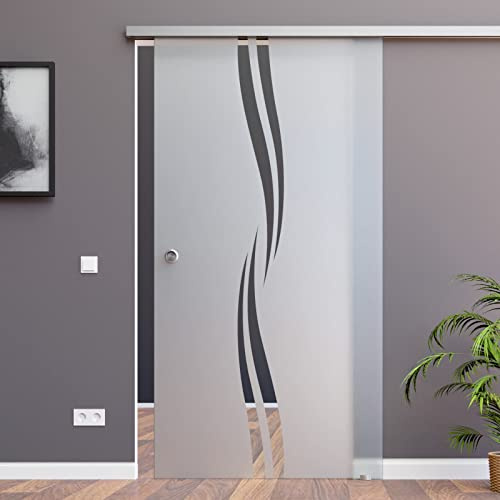 SlimLine SoftStop Glasschiebetür [Komplett-Set] Glasmaß: 900 x 2175 mm, 8 mm ESG (Einscheibensicherheitsglas), Dekor P1: matt + klare Streifen, Griffmuschel BM2-900-2-AS