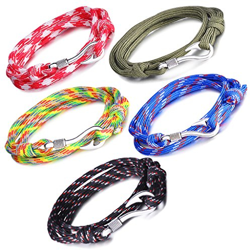 Unendlich U Punk Angelhaken Damen Herren Charm Armband Geflochten Nylonseil Legierung Wickelarmband Multilayer Armreifen, (5 Stücke)
