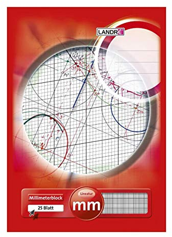 Landré Millimeter-Block A4, 80 g/m² Papier, 25 Blatt, Kopfgeleimt, Linienfabe rot, 20 Stück