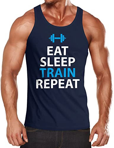 MoonWorks Herren Tanktop, Eat Sleep Train Repeat, Bodybuilder Fitness Gym Training Muskelshirt Navy L