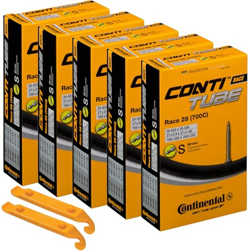 Continental Fahrradschläuche Race 28 700 x 20–25 S60 Presta-Ventil 60 mm Fahrradschlauch (5 Conti-Schläuche und 2 Conti-Reifenheber)