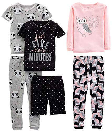 Simple Joys by Carter's Mädchen 6-Piece Snug Fit Cotton Pajama Set Pyjamaset, Grau Panda/Rosa Eule/Schwarz Punkte, 24 Monate (3er Pack)