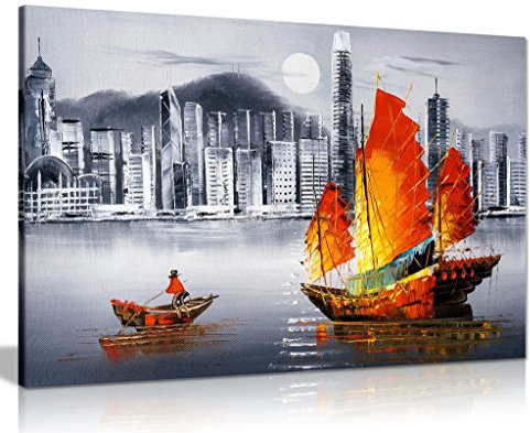 Hong Kong Harbour Boat Oil Painting Canvas Wall Art Picture Print (18x12)