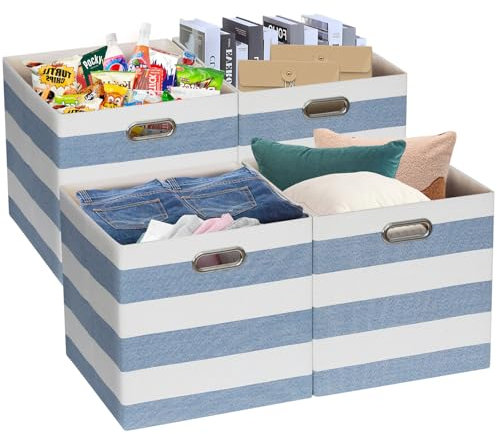 Posprica Storage Basket Bins,11×11 Collapsible Storage Cubes Fabric Drawers for Nurseries,Offices,Closets,Home Décor (Set of 4, Blue-White Striped)