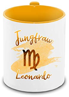 Tasse mit Namen Leonardo und Sternzeichen-Motiv Jungfrau im Lettering-Stil | Keramik-Tasse gelb | Astrologie-Geschenk