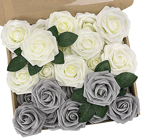 N&T NIETING Künstliche Rosen, 25 Stück Fühlen Sich echt an, Schaumstoff-Rosen, mit Stielen, für Hochzeit, Brautsträuße, Valentinstag, Muttertag, Babyparty, Heimdekoration, Gemischtes Grau