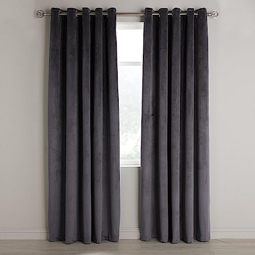 Aspire Homeware Charcoal Eyelet Curtains 66x90 (2 Panels) with Tie Backs - Fully Lined Velvet Curtains for Bedroom, Window Curtain for Living Room (168cm x 228cm)