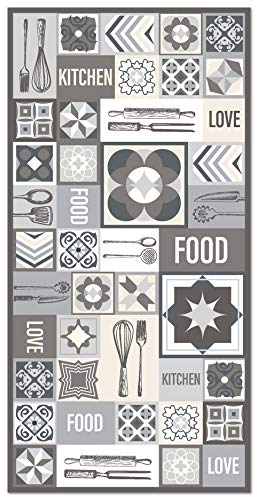 Panorama Alfombra Vinílica Cocina - Modelo Collage Palabras Baldosas Gris 60x110 cm - Varios tamaños - Decoración Hogar