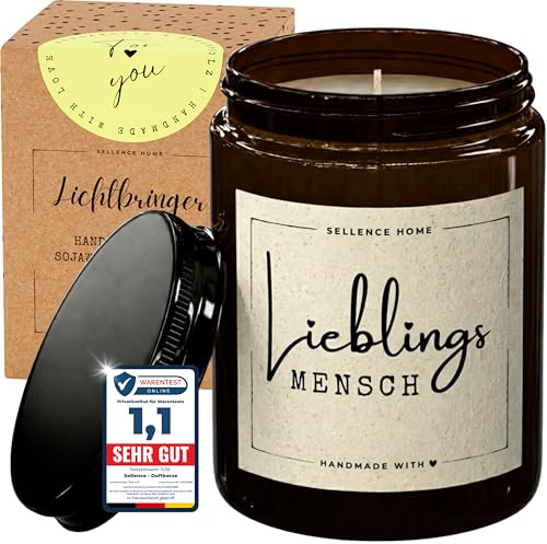LICHTBRINGER Duftkerze mit Spruch Lieblingsmensch, Geschenk Freundin, 70 h | Kleine Geschenke für Frauen, 210 g Sojawachs, vegan, Bergamotte-Zedernholz, Geschenkbox, handgegossen in Europa, Amberglas