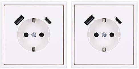 Jung SCHUKO USB-Steckdose Typ AC (3A) Komplett-Set Serie LS: 2x Steckdose LS152015CAWW und 2x 1-fach Rahmen LS981WW Alpinweiß