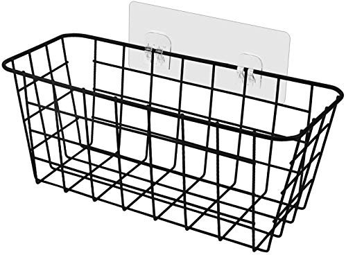 Shower Organizer Storage Metal Storage Baskets Wall Mounted Bath Baskets No Drilling Adhesive Shelf Shower Caddy Bath Shelf Basket Wire Basket with Adhesive Hook for Bathroom Bedroom Kitchen, Black