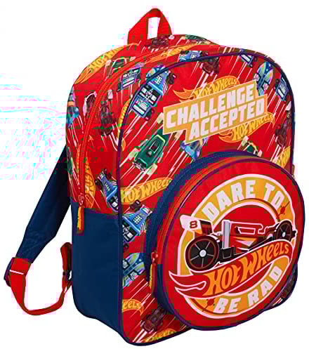 Hot Wheels Rucksack für Kinder, große Autos, Schule, Reisen, Sporttasche mit Getränkehalter, rot, One size