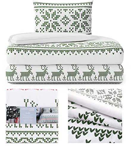 AmeliaHome Biber Bettwäsche 155x220 mit 1 Kopfkissenbezug 80x80 Baumwolle Reißverschluss Snuggy Hollie Rentiere norwegische Muster grün weiß