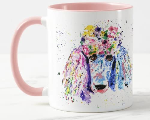 Vixar Poodle Bridge Dog Pet Watercolour Rainbow Art Coloured Mug Cup Gift Birthday Work Office Christmas Tea Coffee (Pink)