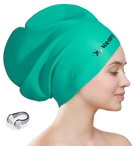 Keary Extra Large Swim Cap for Braids and Dreadlocks Extensions Weaves Long Hair, Waterproof Silicone Cover Ear Bath Pool Shower Swimming Cap for Adult Youth to Keep Hair Dry, Easy to Put On and Off