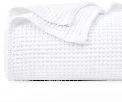 PHF 100 % Baumwolle, Waffeldecke, 220x240 cm, vorgewaschen, weich, leicht, atmungsaktiv, für alle Jahreszeiten, Bett, Sofa – elegante Heimdekoration – Queen-Size-Weiß