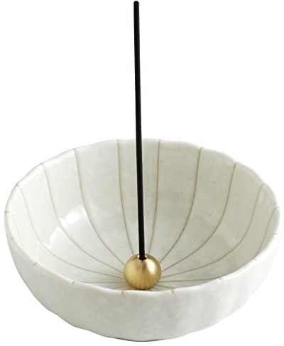 Asayu Japan - Quemador de Incienso, Hecho en Japón para Varillas, Porta Incienso de cerámica con Soporte metálico para Varillas (Loto Blanco, 10.5cm)