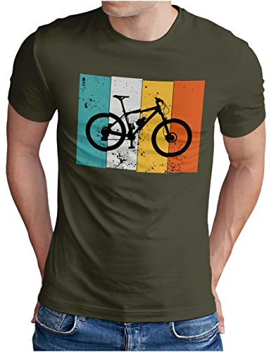 OM3® Mountain Bike T-Shirt - Herren - Fahrrad Retro Style Sunset Rad MTB - Oliv, L