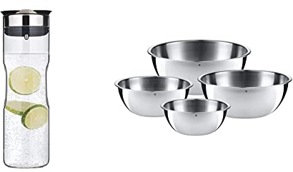 WMF Motion Wasserkaraffe 1,25l, Höhe 29 cm, Glas-Karaffe, Silikondeckel, spülmaschinengeeignet & Gourmet Schüsselset 4-teilig, Edelstahl Schüsseln für die Küche 0,75l - 2,75l, Cromargan, stapelbar