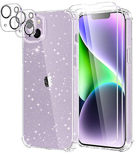 YIRSUR Coque Compatible avec iPhone 14 Paillettes, avec 2 Verre Trempé Protection écran et 2 Caméra Arrière Protecteur, Transparent Glitter Etui Silicone TPU Bumper Antichoc Housse