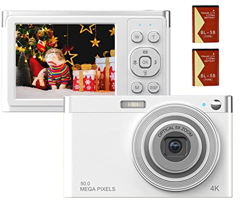 Compact Digital Cameras, Andoer 4K 50MP Digital Camera, 2.88 Inch Rechargeable Automatic Camera Zoom 16X, Vlog Camera for Beginners, Child, Adult, White