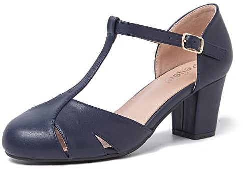 Peijely Womens T Strap Mary Jane Shoes Chunky Block Heel Cut Out Ankle Strap Buckle Dress Dance Pumps, Matte Navy, 5.5 UK