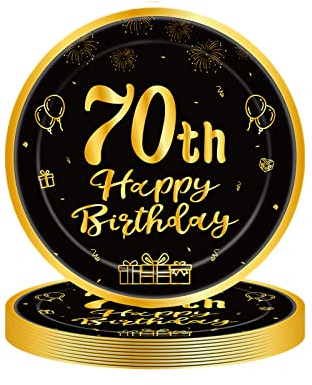 YAAVAAW Happy 70th Birthday Paper Plates 9”Black and Gold,16Pcs Disposable Tableware Party Plates,Happy 70th Birthday decor Plates ,,Him,Her 70th Birthday Party Supplies Table decor