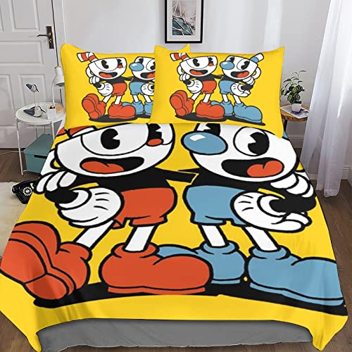 FGAITH 3D Print Kinder Bettwäsche, Cuphead Bettbezug Und Kissenbezug, 3D Bettwäsche Cuphead, Mikrofaser Mit Reißverschluss Set King(220x240cm)