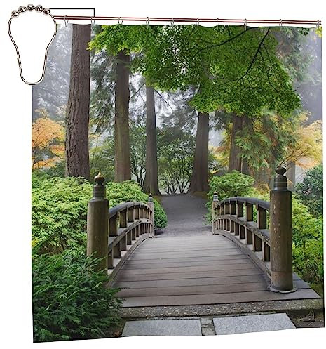Shower Curtain Garden Bridge Scene Waterproof Moistureproof Trees Outdoor Landscape Bathroom Bath Curtains Decoration 183x183cm