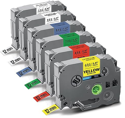 UniPlus 6x Kompatibel Tze 12mm 0,47 Etikettenband als Ersatz für Brother TZe-231 TZe-131 TZe-431 TZe-531 TZe-631 TZe-731 für Brother P-Touch PT-H105 PT-H110 PT-H200 PT-H107B PT-D410 PTH100R PT-P710BT