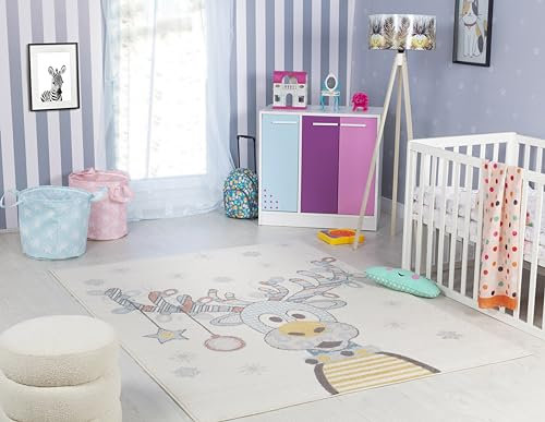 Livabliss Rentier Kinderteppich - Cartoon Teppich 160x213 cm, Tier Teppich Kinderzimmer oder Babyzimmer, Krabbelteppich oder Spielteppich - Baby Teppich für Jungen & Mädchen, Elfenbein und Blau