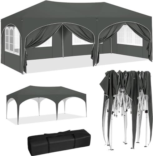 BukkitBow - Pavillon - Doppel-Partyzelt mit Seitenwänden - Faltzelt - Wasserdicht und Wetterfest - Gartenpavillon Doppelausführung - Für Outdoor/Garten/Camping - 600 x 300 cm - Grau
