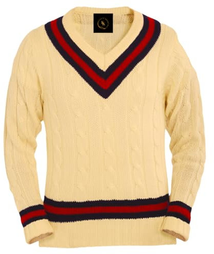 COMFYLOT & KK TRADERS MCR LTD Mens V Neck Cable Knit Cricket Jumper Pullover Sweater | Long Sleeve Cable Knitted Cricket Golf Sweater Jersey Top Vest S -XXL (L) Cream''